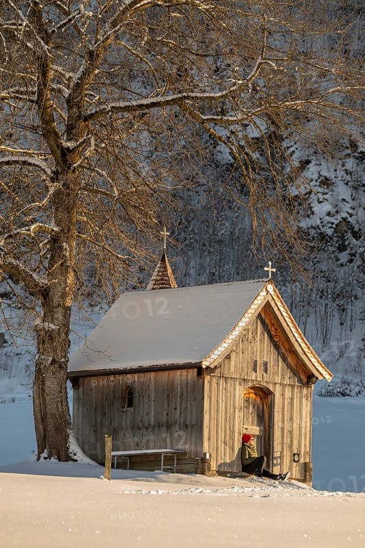 Copper chapel in winter, Hochgallzein, Gallzein, Tyrol, Austria
