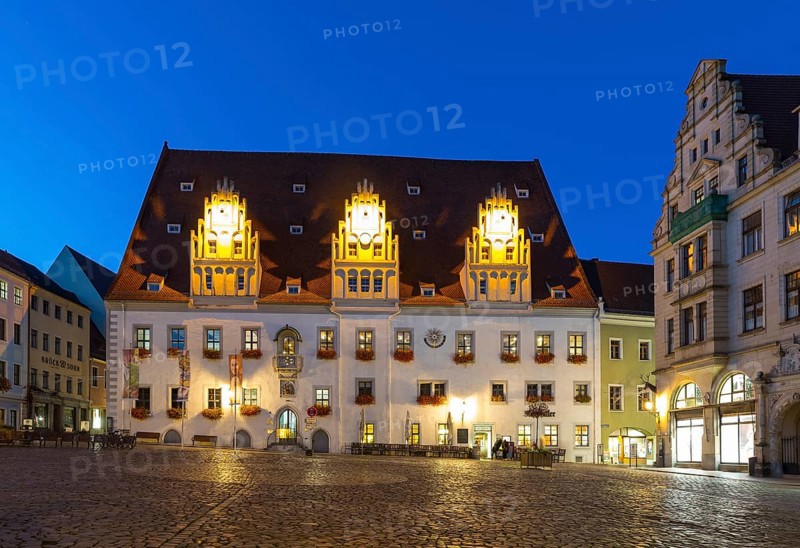 Market square with town hall at blue hour, twilight view, Meissen, Saxony, Germany