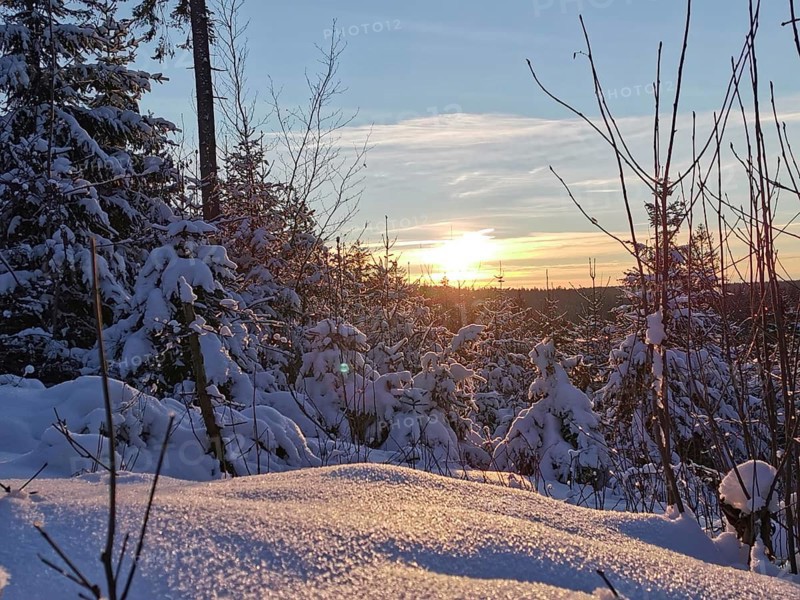 Snow-covered landscape with setting sun and calm winter sky, winter, hiking in the Franconian Forest nature park Park
