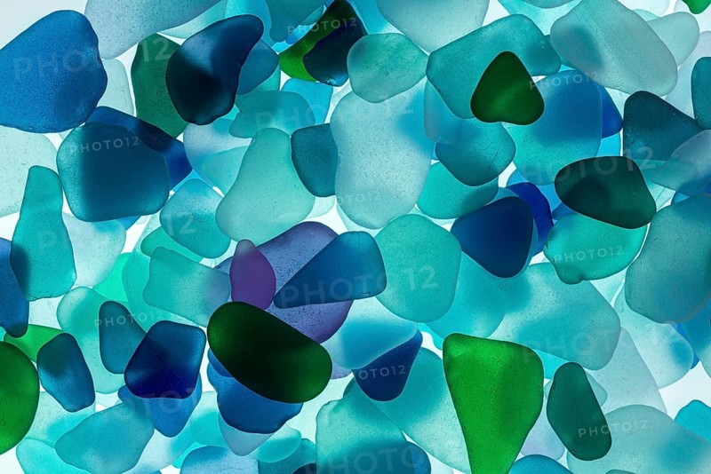Mainly blue broken glass from the sea, sea glass, sea glass, beach glass from the North Sea