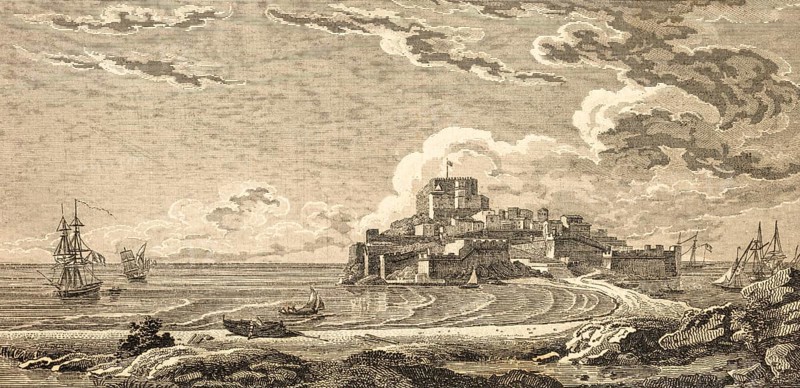 Cityscape of Peñíscola, Castellón, Peniscola, Spain, Mediterranean, fort, medieval fortress, shelter, buildings, sailing ships, beach, rocks, rowing boats, waves, surf, architecture, steel engraving, historical illustration 1834