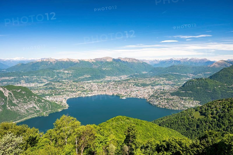 View of Lake Lugano and Lugano from Mount Sighignola, Balcone Svizzero, Tessin, Switzerland
