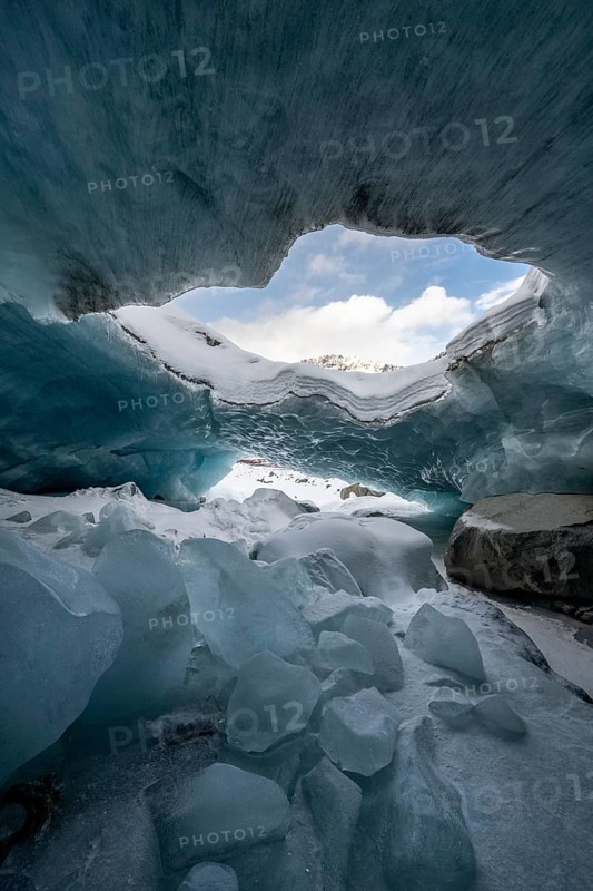 Glacier cave, ice cave, Morteratsch Glacier, Engadin, Graubünden, Switzerland