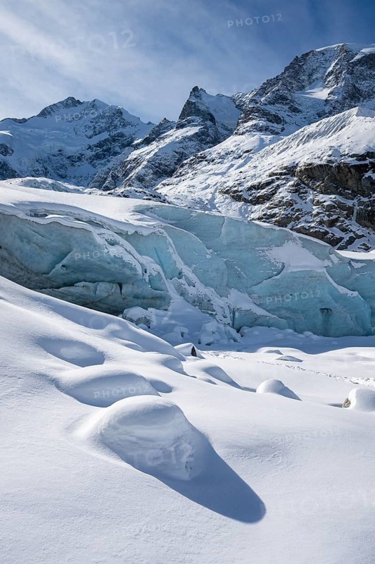Snowy glacier, Morteratsch Glacier, Bernina Range, Engadin, Graubünden, Switzerland