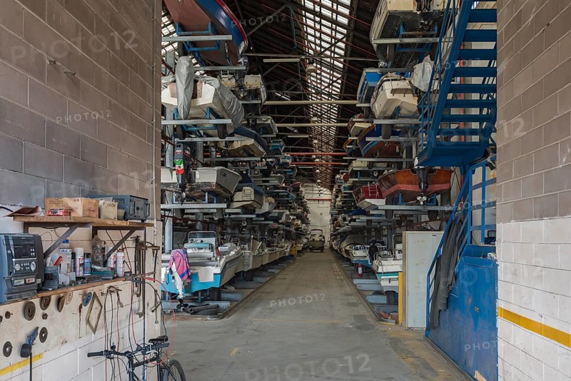Motor boat warehouse in a port on the island of Giudecca, Venice, Veneto, Italy