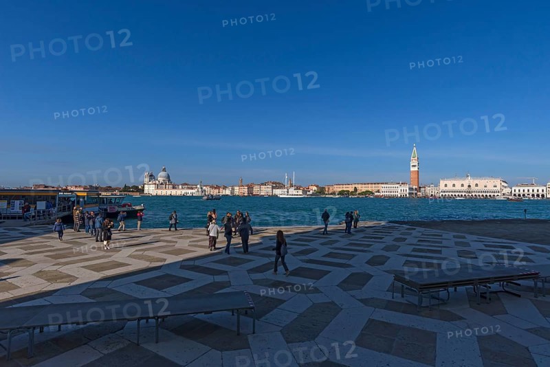 View of Venice from San Giorgio Maggiore Island, front terrace with flood walkways, Venice, Veneto, Italy