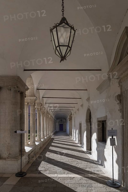 Cloister of the former Benedictine Giorgio Cini monastery on the island of San Giorgio Maggiore, Venice, Veneto, Italy