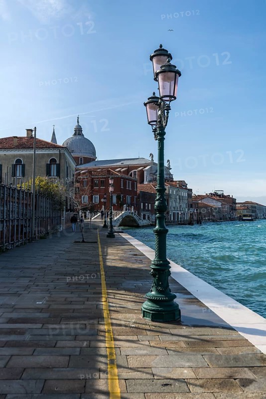Quay overlooking Chiesa del Santissimo Redentore Church of the Most Holy Redeemer, on Guidecca Island, Venice, Veneto, Italy
