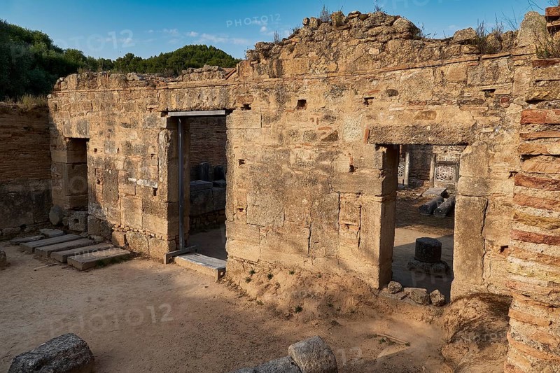 Kladeos Baths, ruins of an old building with open wall openings, archaeological site, Ancient Olympia, Olympia, Peloponnese, Greece