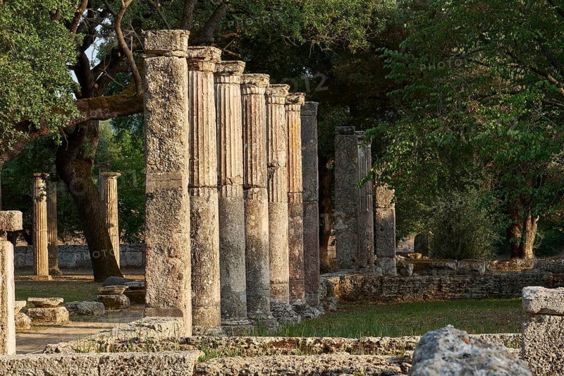 Palestra, set of ancient columns in a wooded area, Archaeological Site, Ancient Olympia, Olympia, Peloponnese, Greece