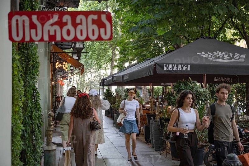 Tbilisi, Georgia. July 29th 2025. A typical busy Georgian street scene along Shota Rustavelii Avenue, popular for cafes, shops and entertainment, Tbilisi, Georgia