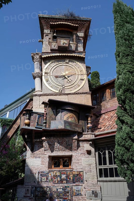 Tbilisi, Georgia. August 5th 2025. The ornate clock tower of the Gabriadze Marionette Theater, Georgian puppet theater in Tbilisi, Georgia