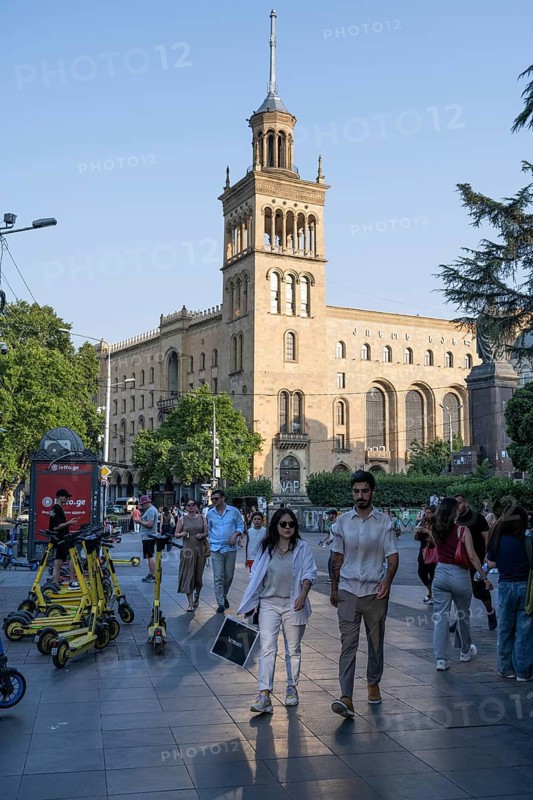Tbilisi, Georgia. July 29th 2025. A busy street scene near to the Georgian National Academy of Sciences and Rustaveli Metro Station in Tbilisi city center, Georgia