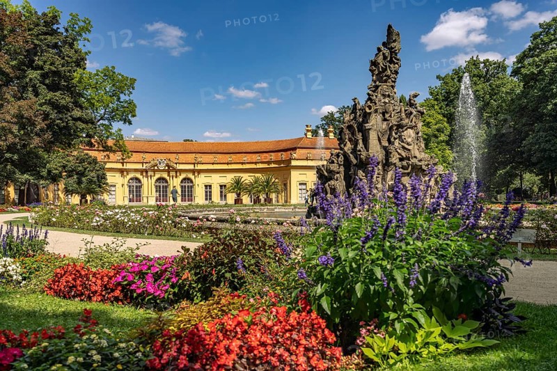 The Huguenot Fountain in the Palace Garden and the Orangery in Erlangen, Middle Franconia, Bavaria, Germany