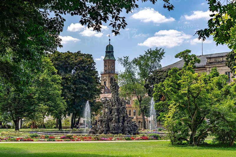 The Huguenot fountain in the castle garden in Erlangen, Middle Franconia, Bavaria, Germany