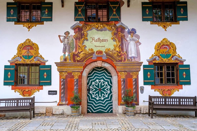 Lüftlmalerei, mock architecture, frescoed town hall, Ruhpolding, Chiemgau, Upper Bavaria, Bavaria, Germany