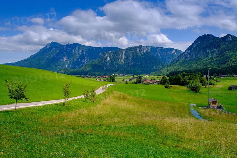 View from the Kesselalm near Inzell, to Hinterstaufen, Chiemgau, Upper Bavaria, Bavaria, Germany