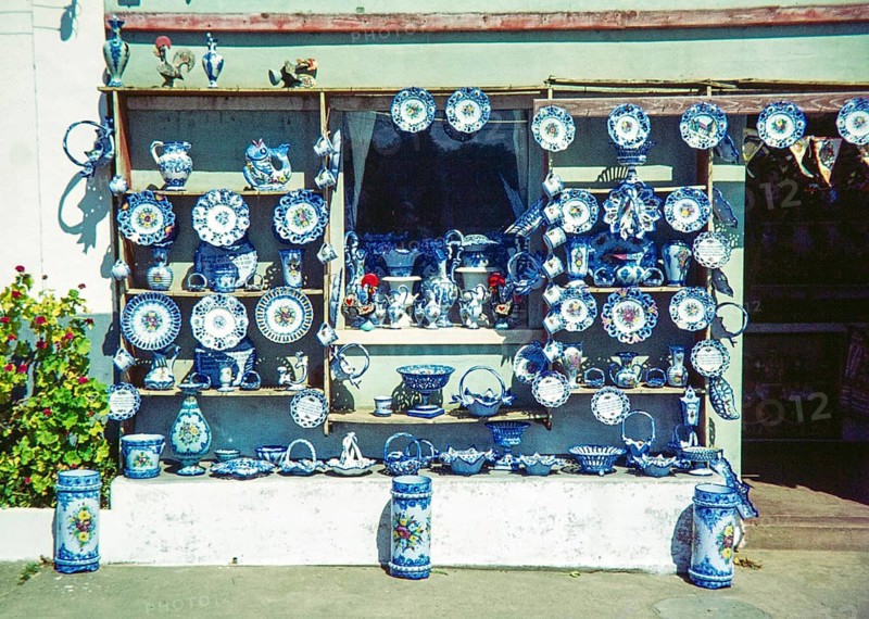 Shop front display of blue and white ceramic Alcobaça style pottery, Portugal, Europe 1968