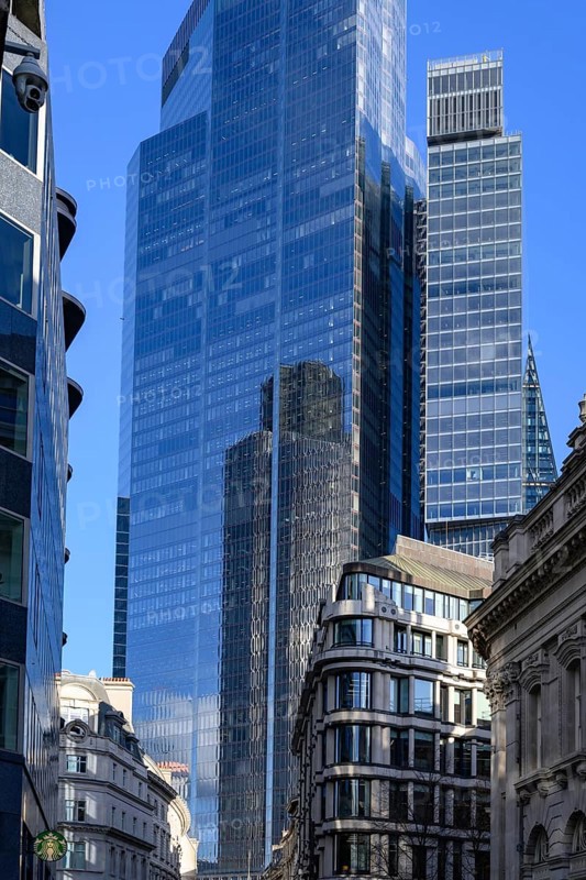 London, UK. January 29th 2025. Modern skyscraper office buildings tower over historic Threadneedle Street in the City of London, the finance and corporate heart of the United Kingdom