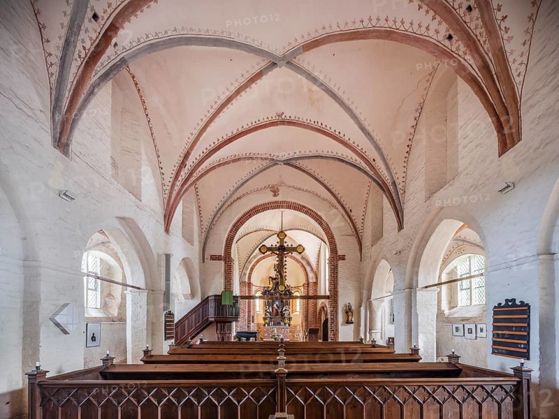 Interior of the Gothic village church in Altenkirchen, Rügen island, Wittow peninsula, Mecklenburg-Western Pomerania, Germany