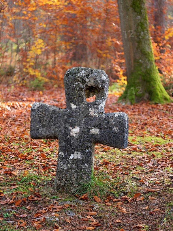 Medieval stone cross in the forest in autumn, atonement cross, murder cross, court cross, Spaal desert, Uhlstädt-Kirchhasel, Thuringia, Germany