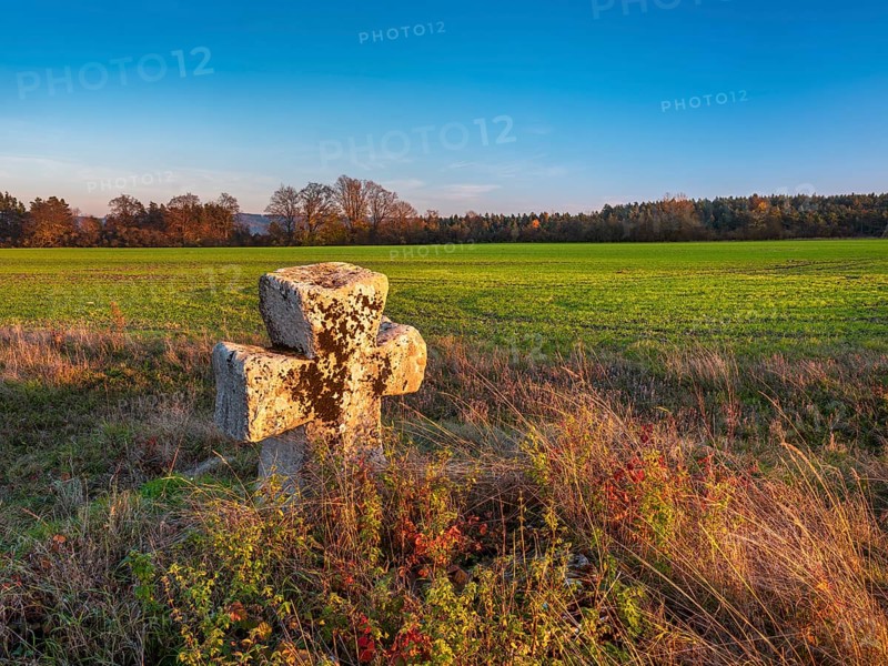 Medieval stone cross on the edge of the field in autumn, Sühnekreuz, Mordkreuz, Liebenstein, Thuringia, Germany