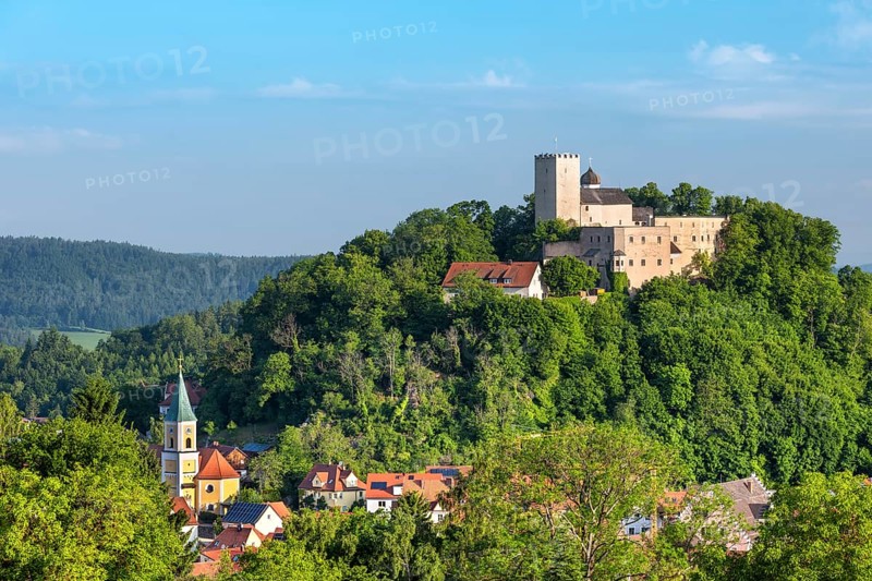 View of Falkenstein with St. Sebastian Church and Falkenstein Castle, Falkenstein, Bavarian Forest, Upper Palatinate, Bavaria, Germany