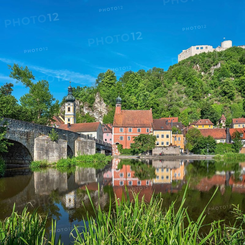 The historic old town with castle ruins, parish church of St. Michael and Steinerner Brücke on the Naab river, Kallmünz an der Naab, Upper Palatinate, Bavaria, Germany