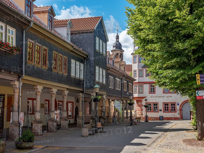 Houses on the market square in the historic old town, Arnstadt, Thuringia, Germany