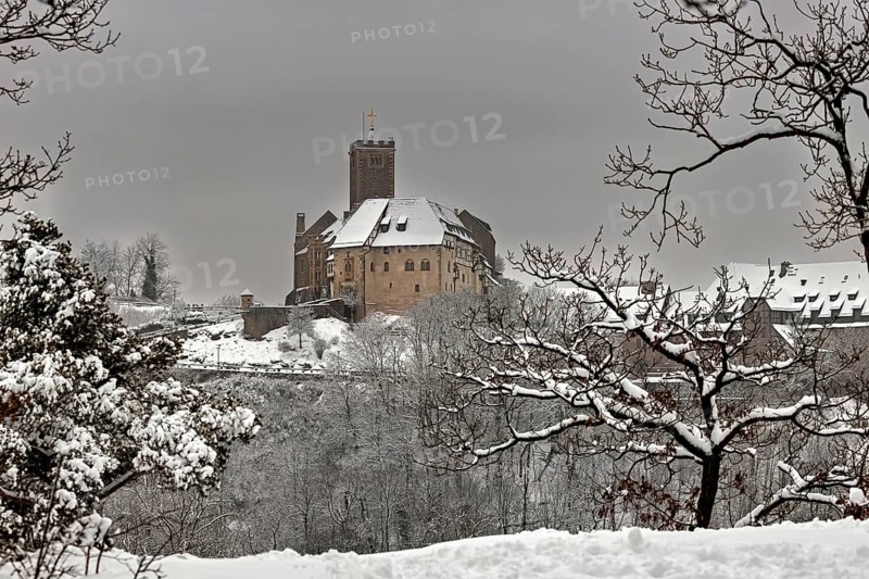 Snowy castle with bare trees in the foreground, wintry atmosphere, The Wartburg near Eisenach in Thuringia