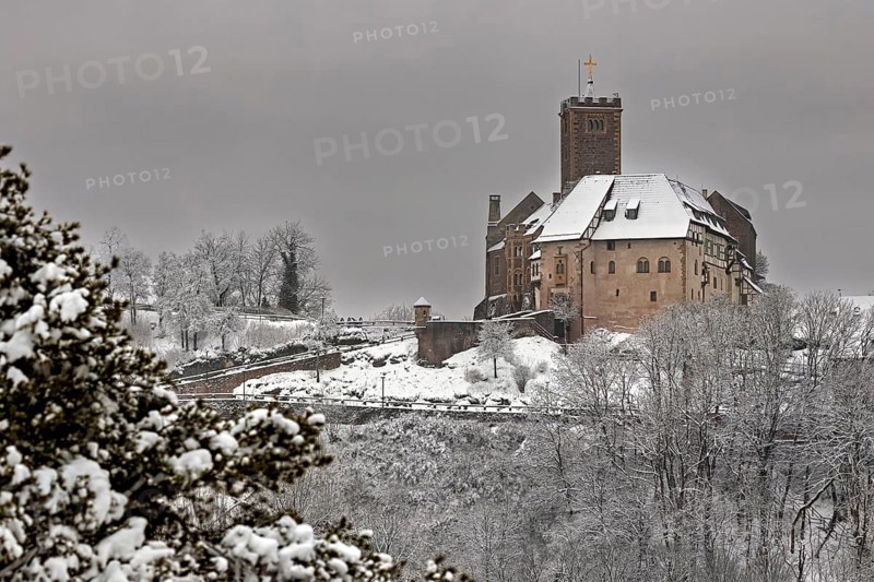 Snowy landscape with castle in the distance under grey sky, The Wartburg near Eisenach in Thuringia