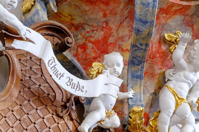 Putto, Angel, Busse tun, saying, St. Michael Parish Church, Bertoldshofen, Ostallgäu, Swabia, Bavaria, Germany