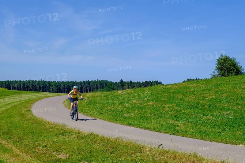 Cyclists near Diepolshofen, Upper Swabia, Swabia, Baden-Württemberg, Germany