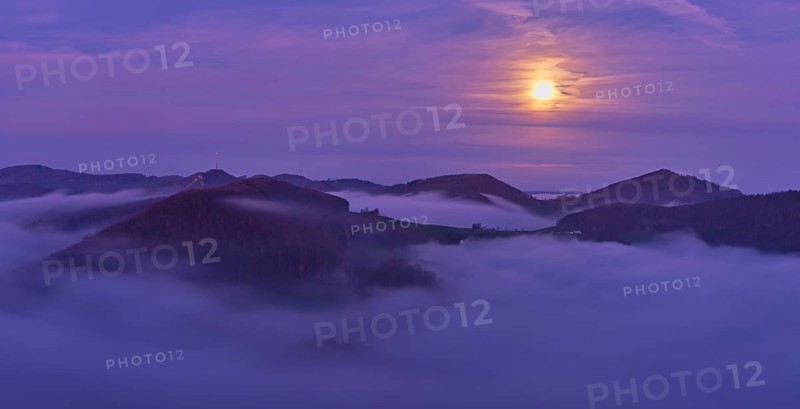View from the Gisliflue of the Jurassic foothills covered in fog from the left, Wasserfluh, Summerholde, Asperstrihen, Strihen, in the light of a full moon, Talheim, Canton, Aargau, Switzerland
