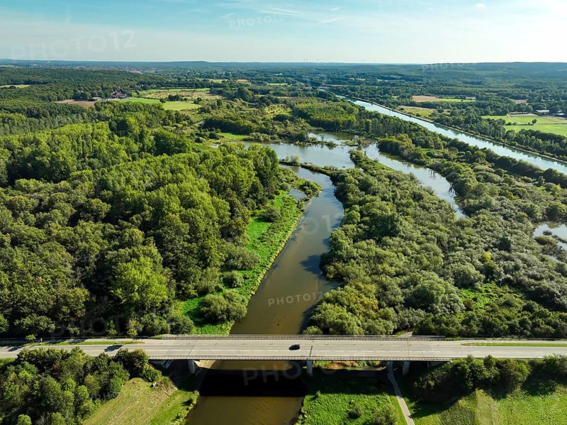 Haltern-Marl, North Rhine-Westphalia, Germany - Lippe, flood protection in the Haltern-Lippramsdorf-Marl area (HaLiMa) . Flood protection on the River Lippe by relocating the dyke and thus extending the floodplain. Floodplain upstream of the Lippramsdorfer Straße bridge Right of the Wesel-Datteln Canal