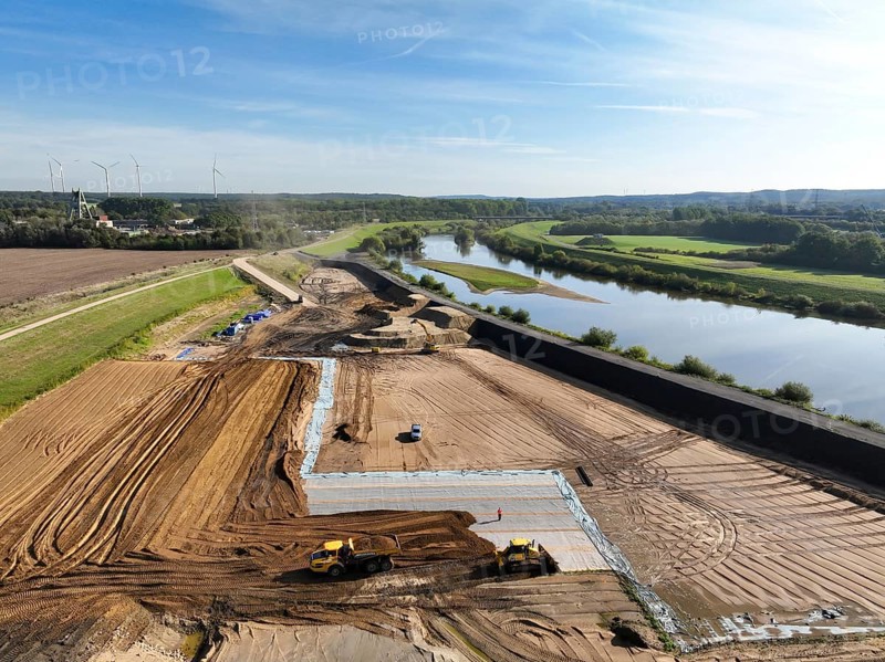 Haltern-Marl, North Rhine-Westphalia, Germany - Lippe, flood protection in the Haltern-Lippramsdorf-Marl area (HaLiMa) . Flood protection on the River Lippe by relocating the dyke and thus extending the floodplain. Rear left: excavation site of the former shaft 8 of the Auguste Victoria colliery