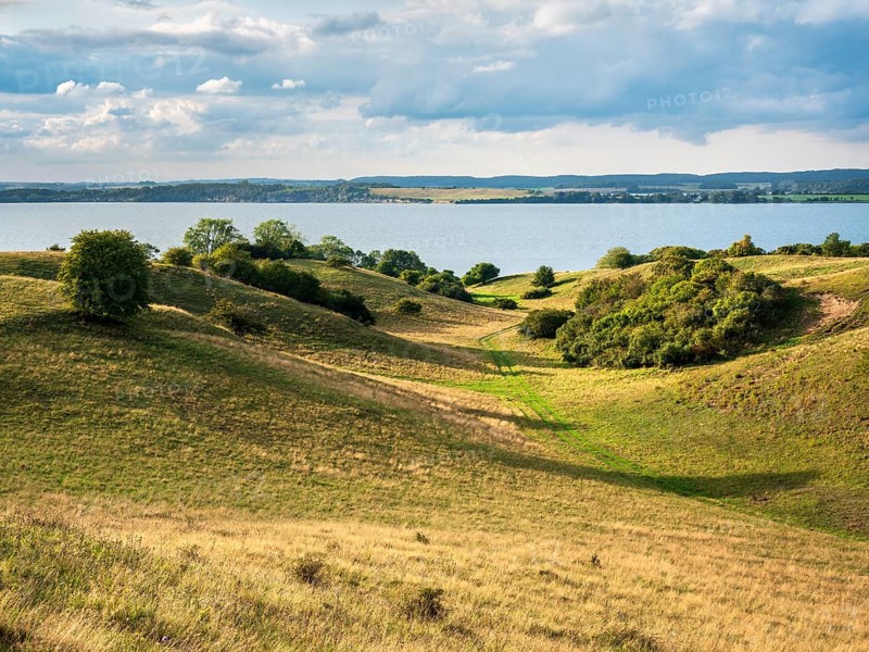 Hilly landscape in the Zicker Mountains, including Zicker Alps, view over the lagoon landscape, Mönchgut nature reserve, Gross Zicker, Mönchgut peninsula, Rügen island, Mecklenburg-Western Pomerania, Germany