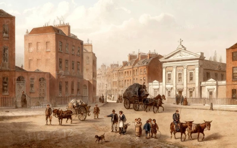 Clarendon Square, with The Polygon on left and St Aloysius Chapel on right, 1850, Somers Town, 19th century, London, England, United Kingdom