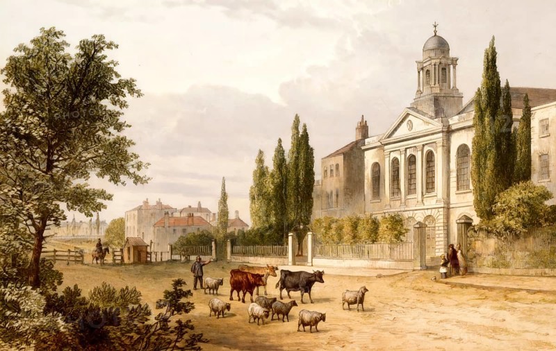 Turnpike in Hampstead Road in 1820, St. James Church, 19th century, London, England, United Kingdom