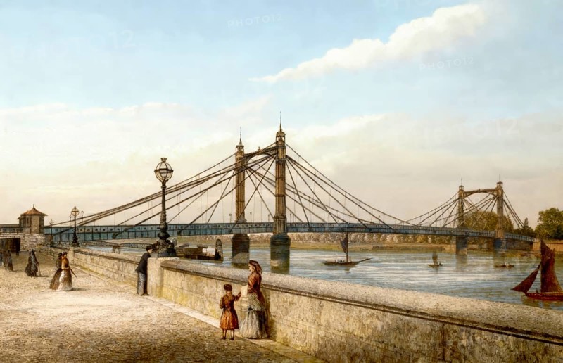 The Albert Bridge over the River Thames, 1880, West London, England, United Kingdom