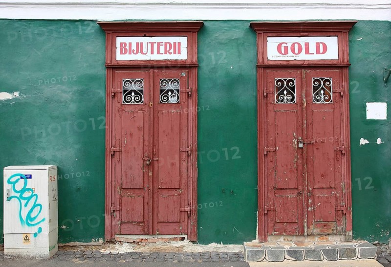 Closed doors of a jewelry store in the old town of Sibiu, Sibiu, in Transylvania, jewelry and gold, Romania