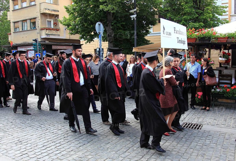 Romania, students from the Faculty of Sciences at a graduation parade in the old town of Sibiu, Sibiu, Transylvania