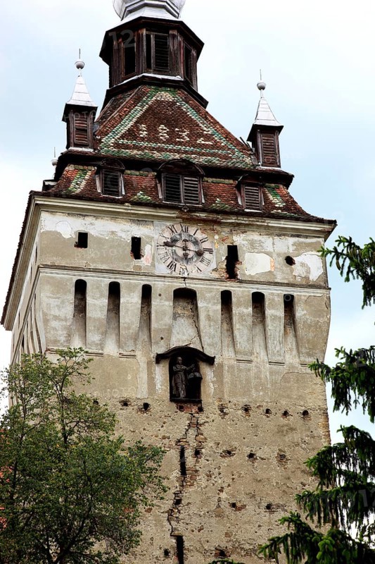 Romania, church tower of the fortified church of Saschiz, German Keisd, municipality in Mures district, Transylvania, UNESCO World Heritage Site
