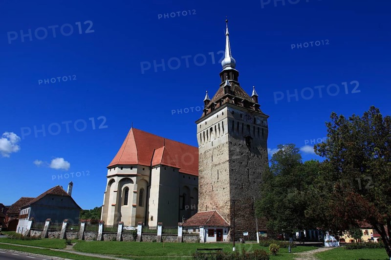 Romania, the church tower and church of Saschiz, German Keisd, a community in Mures County, Transylvania, Unesco