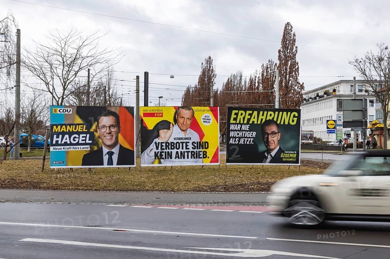 Election advertising for the 2026 state election in Baden-Württemberg. Large posters of the Green Party, CDU and FDP. Top candidates Manuel Hagel and Cem Özdemir. Fellbach, Baden-Württemberg, Germany