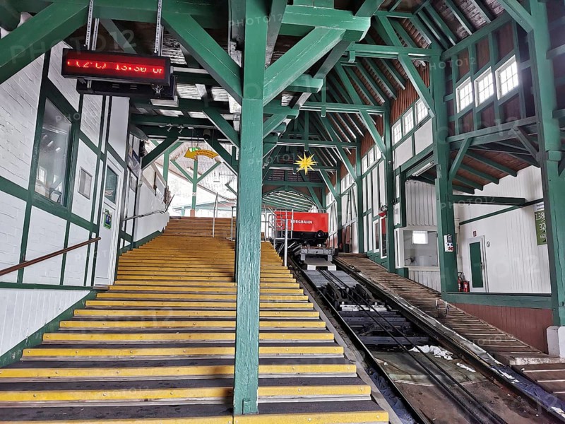 Large mountain station in wooden design with yellow stairs leads to the cable car, Oberweissbach cable car, Rennsteig, Thuringian Forest nature park Park