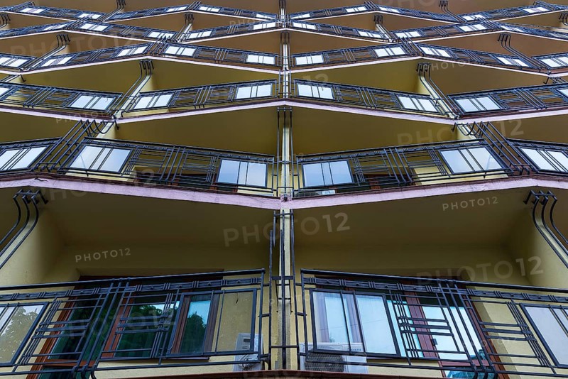 Modern facade of an apartment block with balconies, Lviv, Ukraine