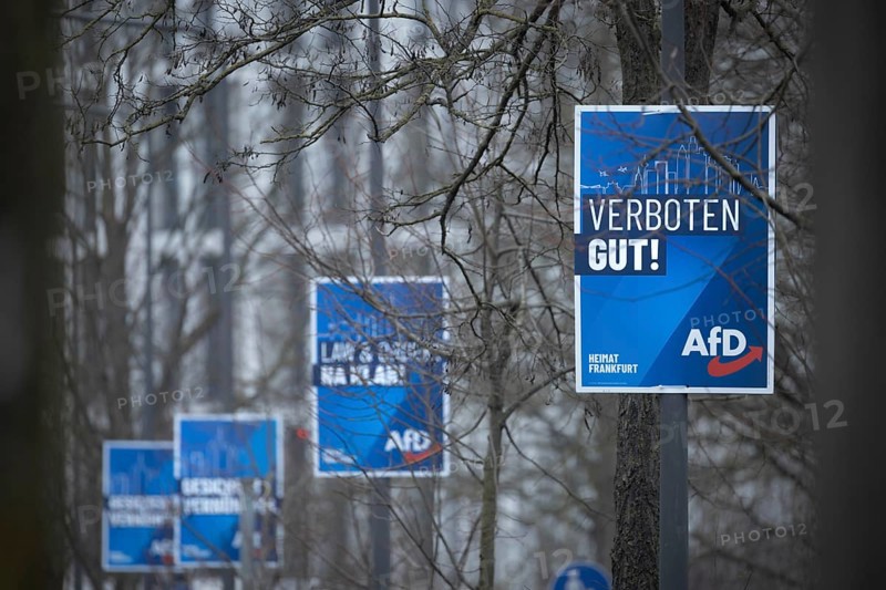 Numerous AfD election posters hang one behind the other on several lamp posts in the northwest of Frankfurt. The Hessian state government has set March 15, 2026 as the election day for the local elections in Hesse. On this day, the elections of the City Council and the 16 local advisory councils will take place in Frankfurt am Main, Germany