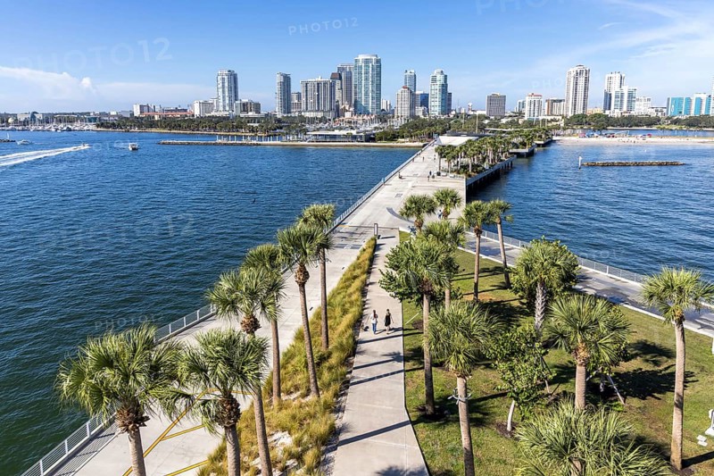 Saint Petersburg Florida skyline on Tampa Bay with St. Pete Pier and skyscrapers in downtown St. Petersburg, USA