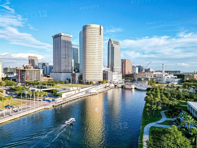 Tampa skyline from above aerial view with skyscrapers and Hillsborough River in downtown Tampa, USA